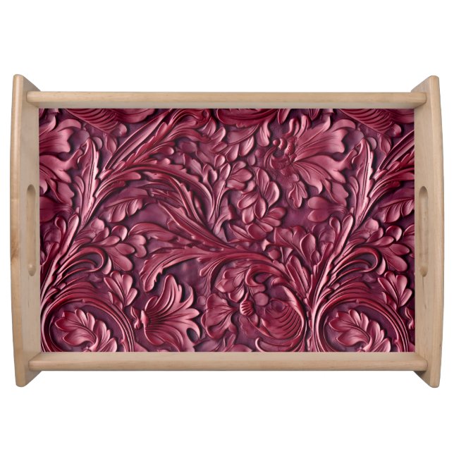 Rustic burgundy tooled leather floral serving tray (Front)
