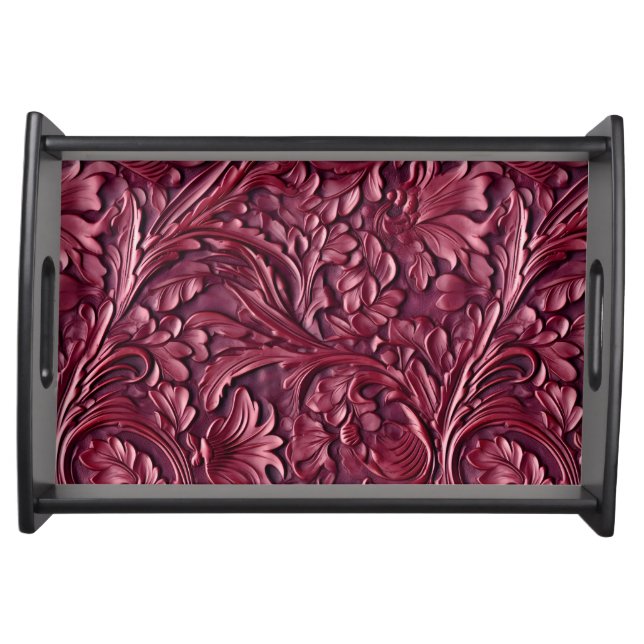 Rustic burgundy tooled leather floral serving tray (Front)