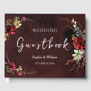 Rustic Burgundy Watercolor Calligraphy Wedding Guest Book