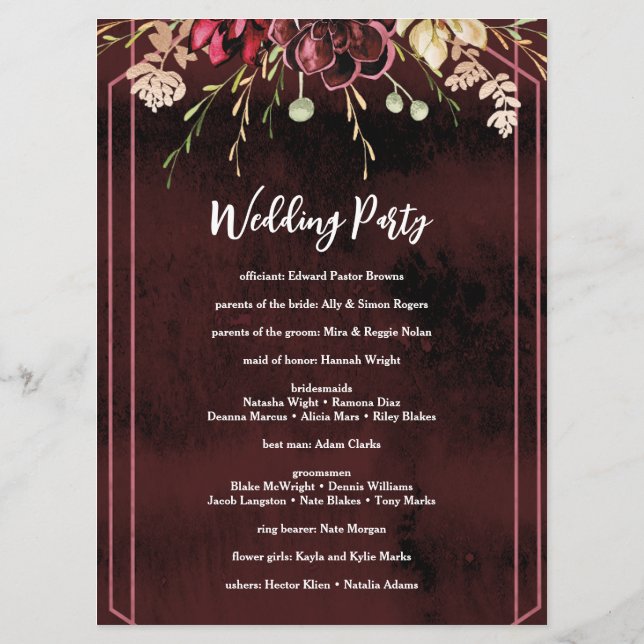 Rustic Burgundy Watercolor Calligraphy Wedding Program (Back)