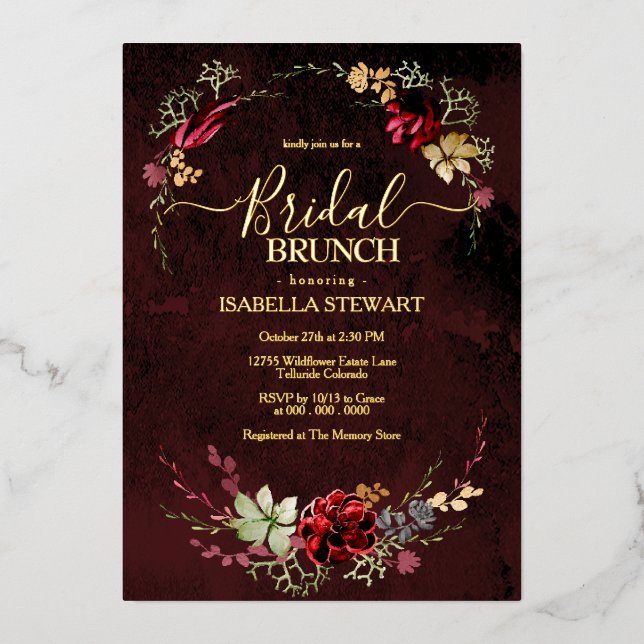 Rustic Burgundy Watercolor Chic Boho Bridal Brunch Foil Invitation (Front)