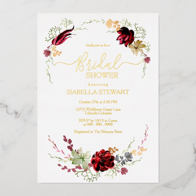 Rustic Burgundy Watercolor Chic Boho Bridal Shower Foil Invitation (Front)