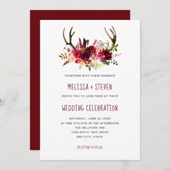 Rustic Burgundy Watercolor Floral Antlers Wedding Invitation by lemontreeweddings at Zazzle