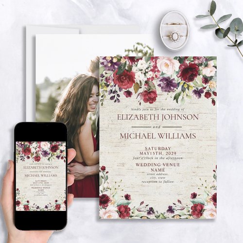 Rustic Burgundy Watercolor Floral Birch Photo Invitation