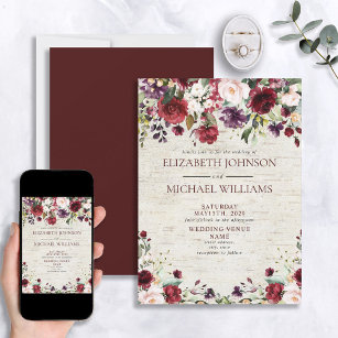 Rustic Burgundy Watercolor Floral Birch Wedding Invitation