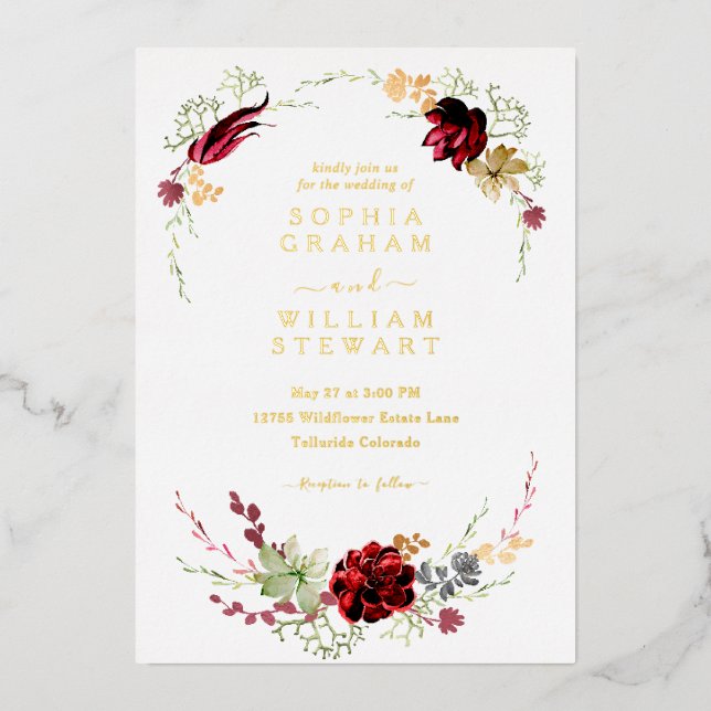 Rustic Burgundy Watercolor Floral Boho Wedding Foil Invitation (Front)