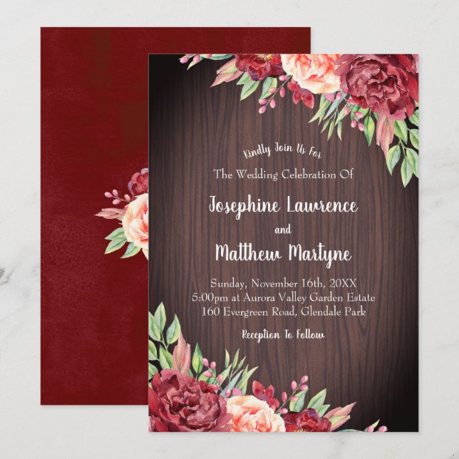 Rustic Burgundy Watercolor Floral Foliage Wedding Invitation (Front/Back)