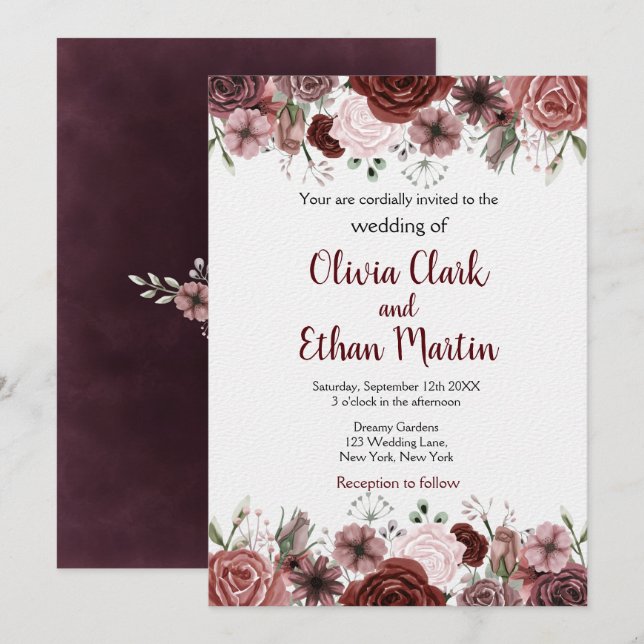 Rustic Burgundy Watercolor Floral Invitation (Front/Back)
