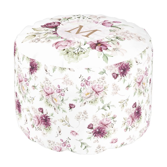 rustic burgundy watercolor floral monogram pouf (Angled Back)