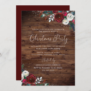 Rustic Burgundy Watercolor Floral Snow Christmas Invitation