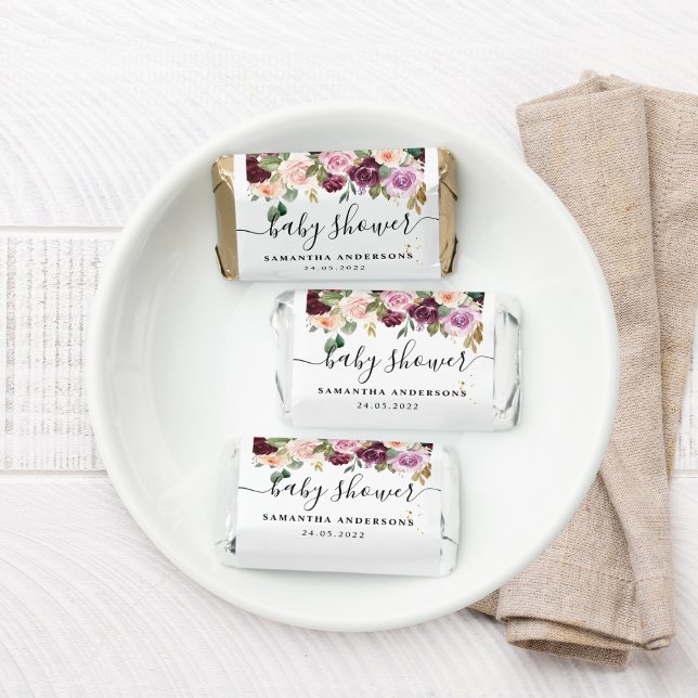 Rustic Burgundy Watercolor Flowers Baby Shower Hershey's Miniatures (Creator Uploaded)