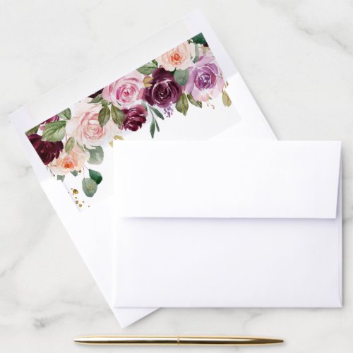 Rustic  Burgundy Watercolor Flowers  Gold Drops Envelope Liner