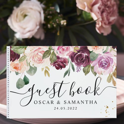 Rustic  Burgundy Watercolor Flowers  Gold Drops Guest Book