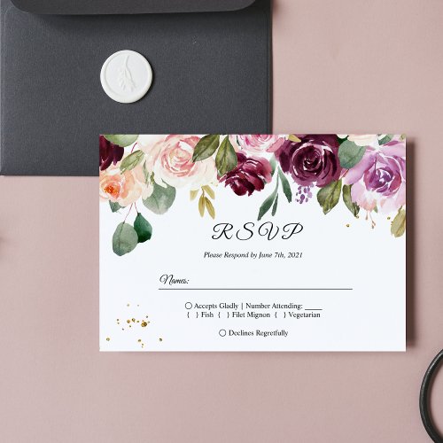 Rustic  Burgundy Watercolor Flowers  Gold Drops Invitation Postcard