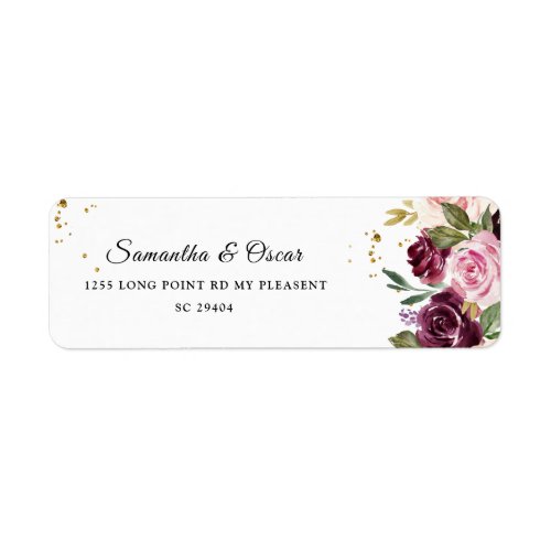 Rustic  Burgundy Watercolor Flowers  Gold Drops Label