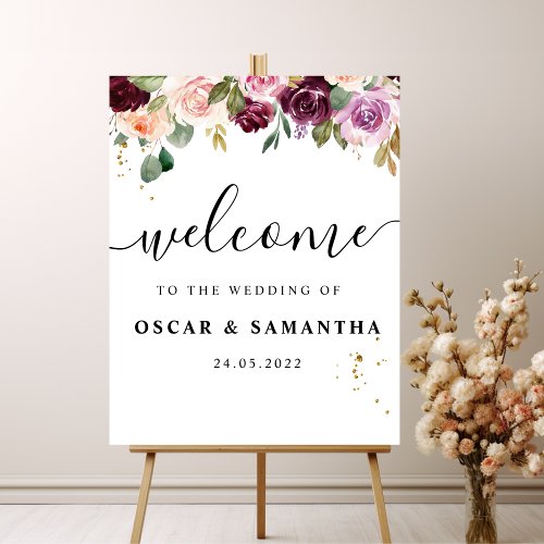 Rustic  Burgundy Watercolor Flowers  Gold Drops Poster