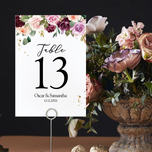 Rustic  Burgundy Watercolor Flowers  Gold Drops Table Number