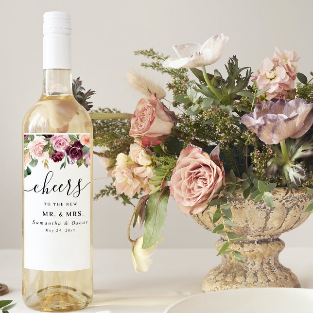 Rustic  Burgundy Watercolor Flowers & Gold Drops Wine Label (Creator Uploaded)