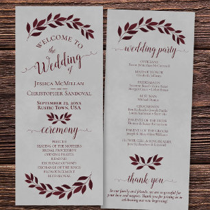 Rustic Burgundy Watercolor Leaves on Gray Wedding Program