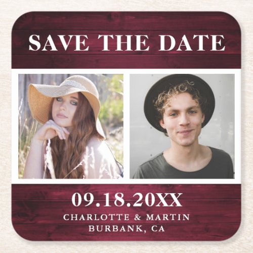 Rustic Burgundy Wedding 2 Photo Save The Date Square Paper Coaster