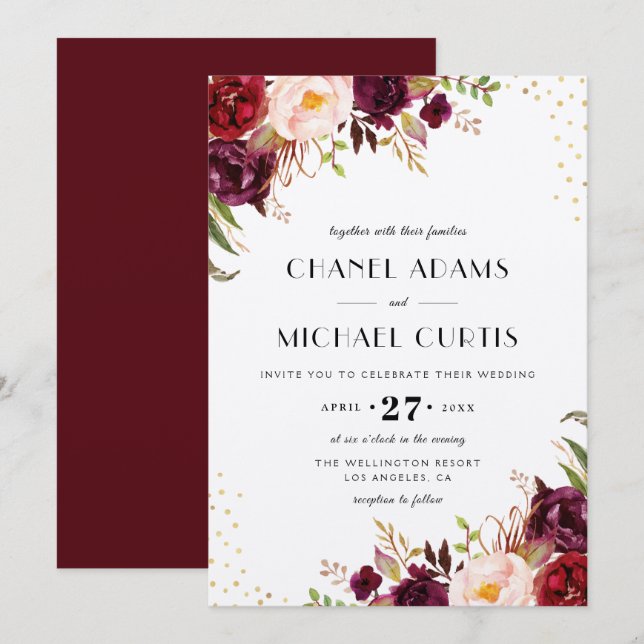 rustic burgundy wedding invitation (Front/Back)