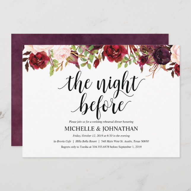 Rustic Burgundy Wedding Rehearsal Dinner Invite (Front/Back)