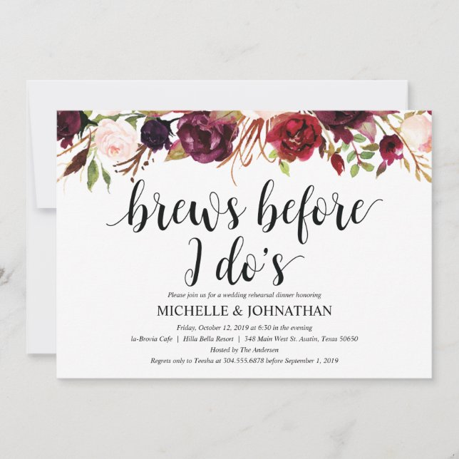 Rustic Burgundy Wedding Rehearsal Dinner Invites (Front)