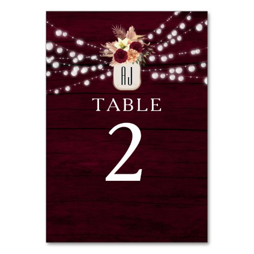 Rustic Burgundy Wedding Table Number