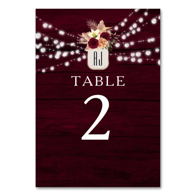 Rustic Burgundy Wedding Table Number (Front)