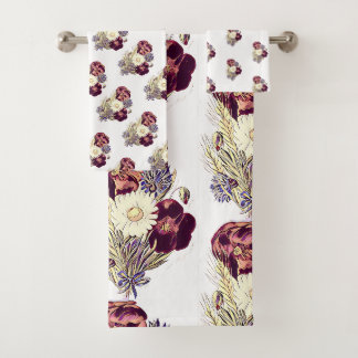 Rustic Burgundy White Blue Flowers Bouquet Floral Bath Towel Set