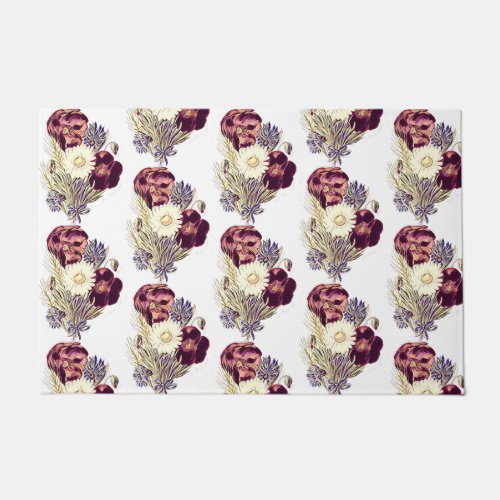 Rustic Burgundy White Blue Flowers Bouquet Floral  Doormat