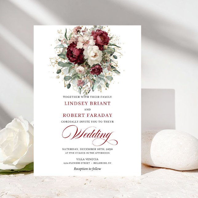 Rustic Burgundy White Floral Eucalyptus Gold Weddi Invitation (Rustic Burgundy White Floral Eucalyptus Gold Wedding Invite)