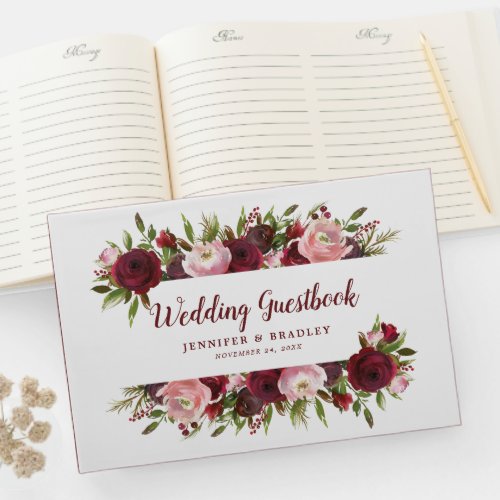 Rustic Burgundy White Floral Watercolor Wedding Guest Book
