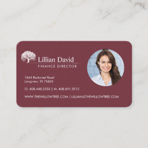 Rustic Burgundy & White Willow Tree Logo Photo Business Card