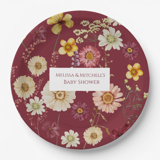 Rustic Burgundy Wildflower Paper Plates (Front)