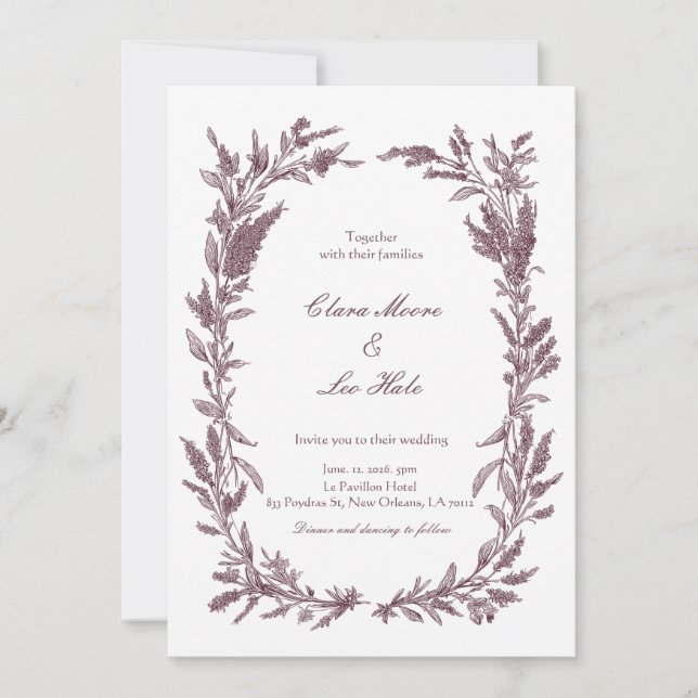 Rustic Burgundy Wildflower Wreath Wedding Invitation (Front)