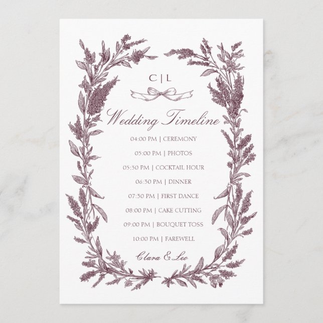 Rustic Burgundy Wildflower Wreath Wedding Timeline Program (Front)