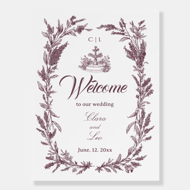Rustic Burgundy Wildflower Wreath Wedding Welcome  Foam Board (Front)