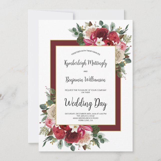 Rustic Burgundy Winter Floral Christmas Wedding Invitation (Front)