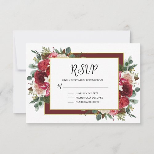 Rustic Burgundy Winter Floral Christmas Wedding RSVP Card