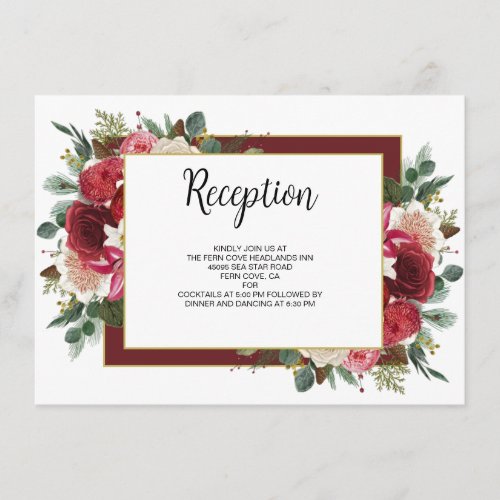 Rustic Burgundy Winter Floral Wedding Reception Enclosure Card