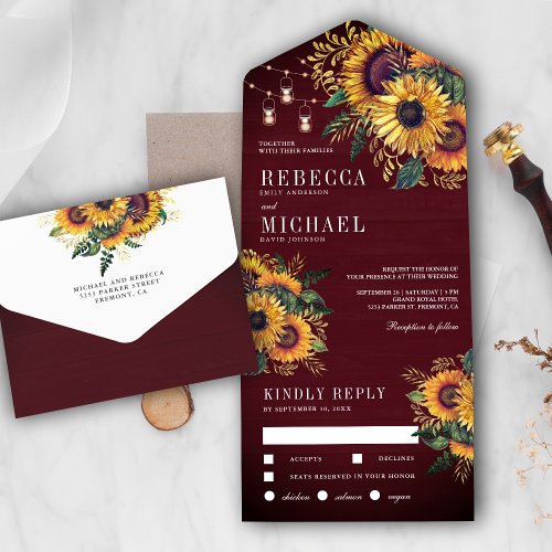 Rustic Burgundy Wood Boho Sunflowers Wedding All In One Invitation