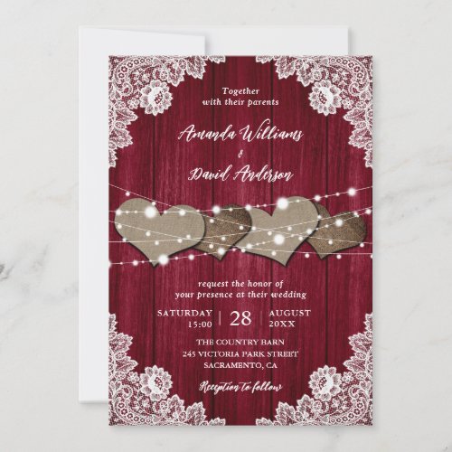 Rustic Burgundy Wood Burlap Lace Wedding Invitation