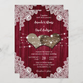 Rustic Burgundy Wood Burlap Lace Wedding Invitation (Front/Back)