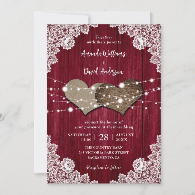 Rustic Burgundy Wood Burlap Lace Wedding Invitation (Front)