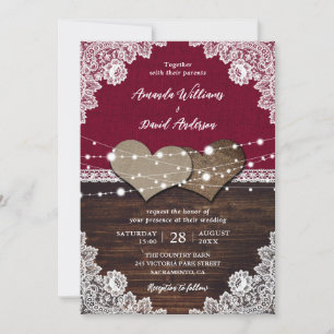 Rustic Burgundy Wood Burlap Lace Wedding Invitation