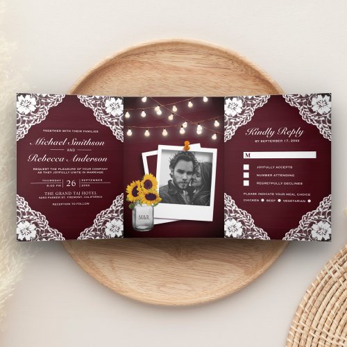 Rustic Burgundy Wood Lace String Lights Wedding Tri_Fold Invitation