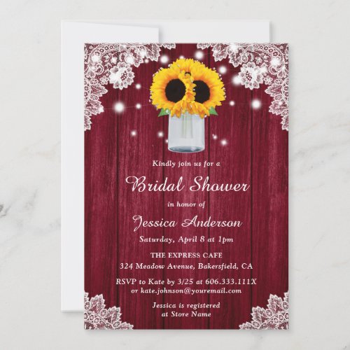 Rustic Burgundy Wood Lace Sunflower Bridal Shower Invitation