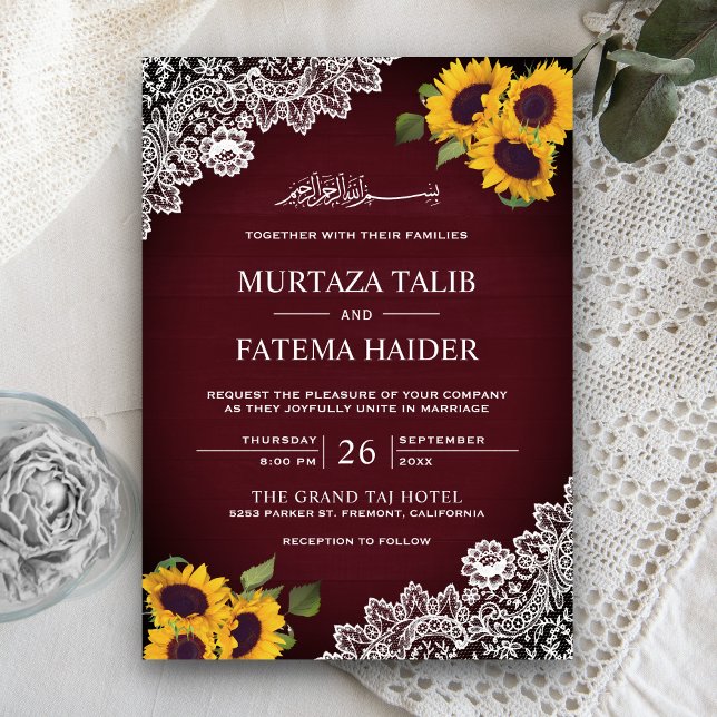 Rustic Burgundy Wood Lace Sunflower Muslim Wedding Invitation (Creator Uploaded)