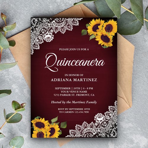 Rustic Burgundy Wood Lace Sunflower Quinceanera Invitation